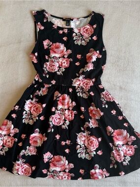 Forever 21 Black Sleeveless Dress with Pink Rose Print
